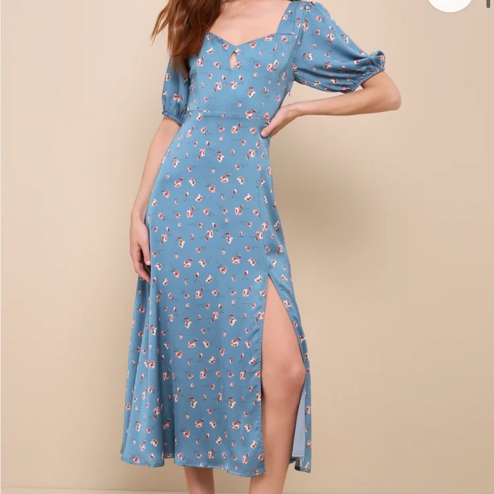 Lulu's Blue Puff Sleeve Midi Dress with Sweetheart Neckline